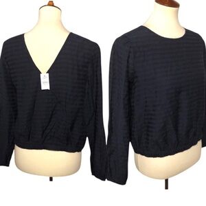 Loft Semi Sheer Navy Blouse Top Sz XS Oversized NWT V Neck Back Elastic Band Hem
